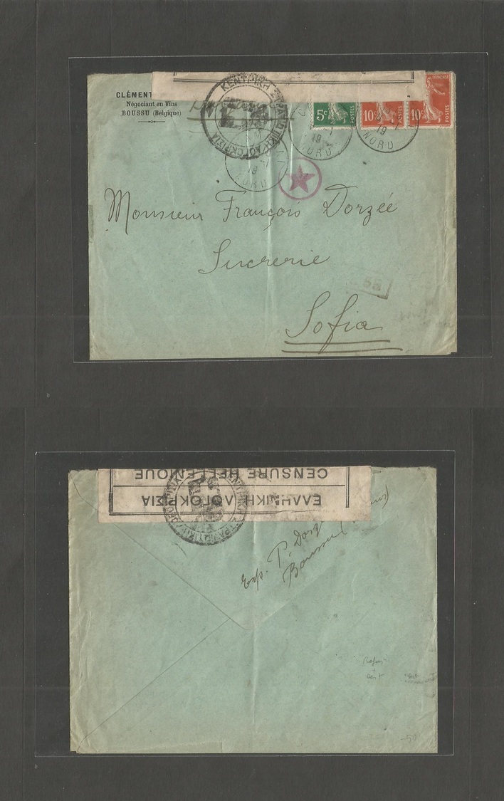 Belgium - Xx. 1919 (8 Jan) Boussu, Belgium - Sofia, Bulgaria. Via Greek Censorship. Fkd France Semeuse Envelope With Cam - Autres & Non Classés