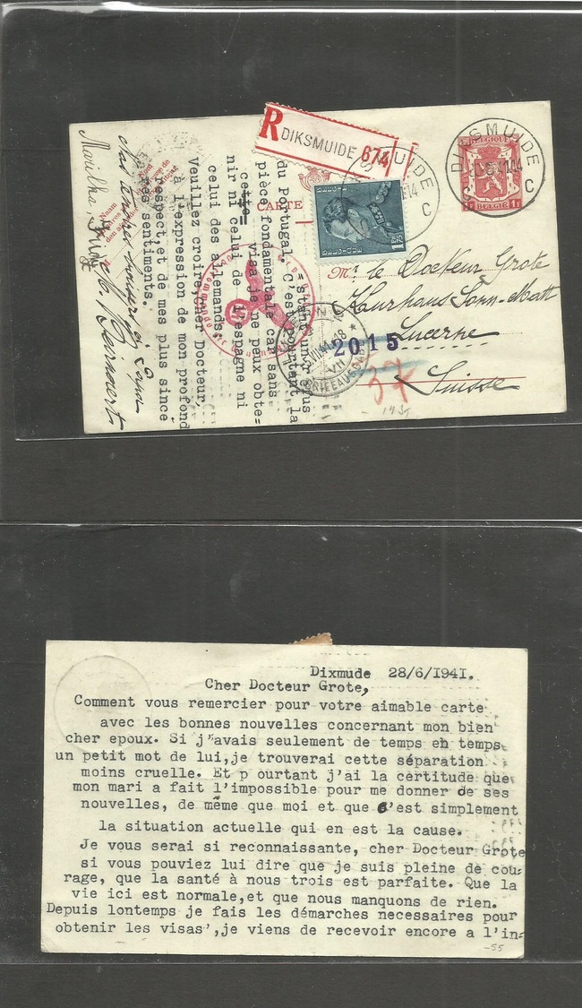 Belgium - Xx. 1941 (20 June) Diksmuide - Switzerland, Luzern (5 July) Registered 1 Fr Red Stat Card, Adtl + Nazi Censore - Autres & Non Classés