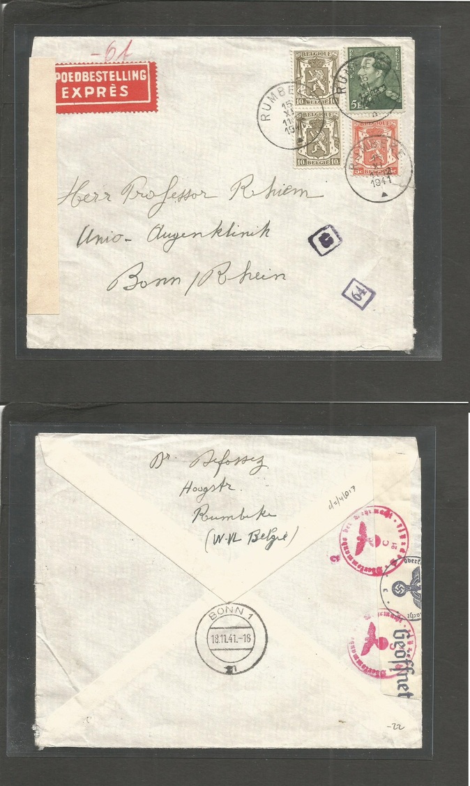 Belgium - Xx. 1941 (15 Nov) Rumbeke - Germany, Bonn (18 Nov) Express WWII Multifkd Envelope + Nazi Censored. Small Villa - Sonstige & Ohne Zuordnung