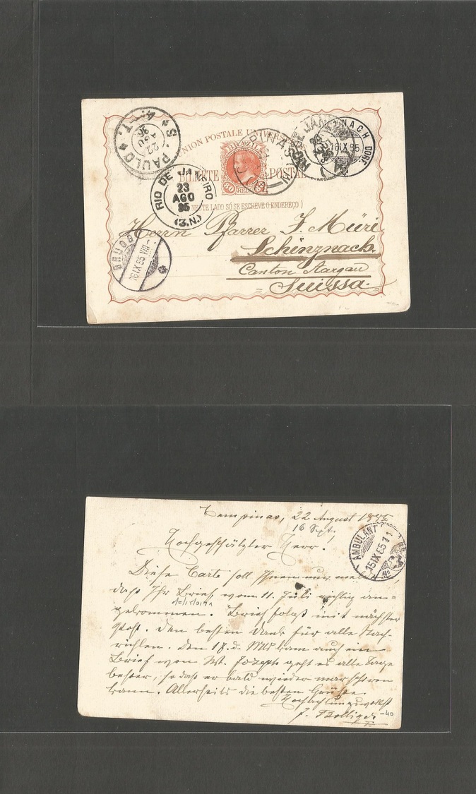 Brazil -Stationary. 1895 (22 Aug) Campinas - Switzerland, Schinznach, Aargan (16 Sept) 80c Orange Stat Card. Diff Transi - Autres & Non Classés