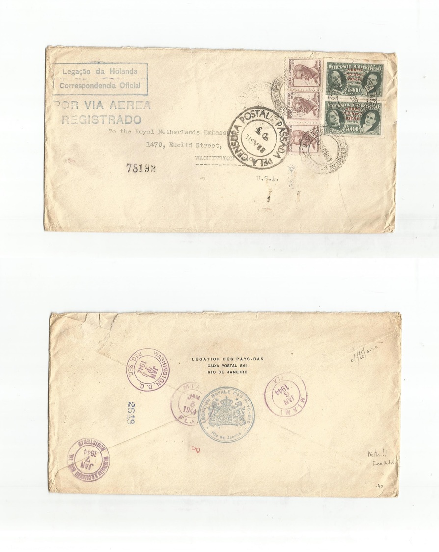 Brazil - Xx. 1943 (30 Dec) Netherland Diplomatic Mail. Sao Paulo - USA, Washington (5-7 Jan 1944) Registered Air Multifk - Autres & Non Classés