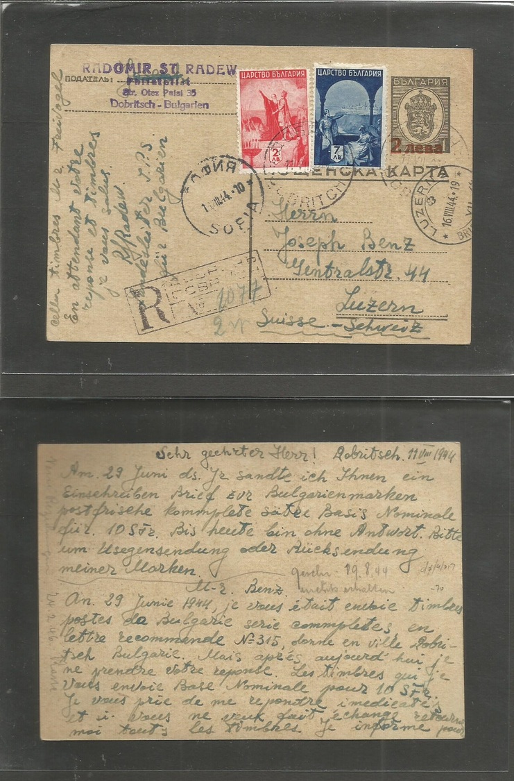 Bulgaria. 1944 (11 Aug) Sofia - Switzerland, Luzern (16 Aug) Registered Multifkd 1 P On 1p Ovptd Stationary Card. VF. WW - Autres & Non Classés