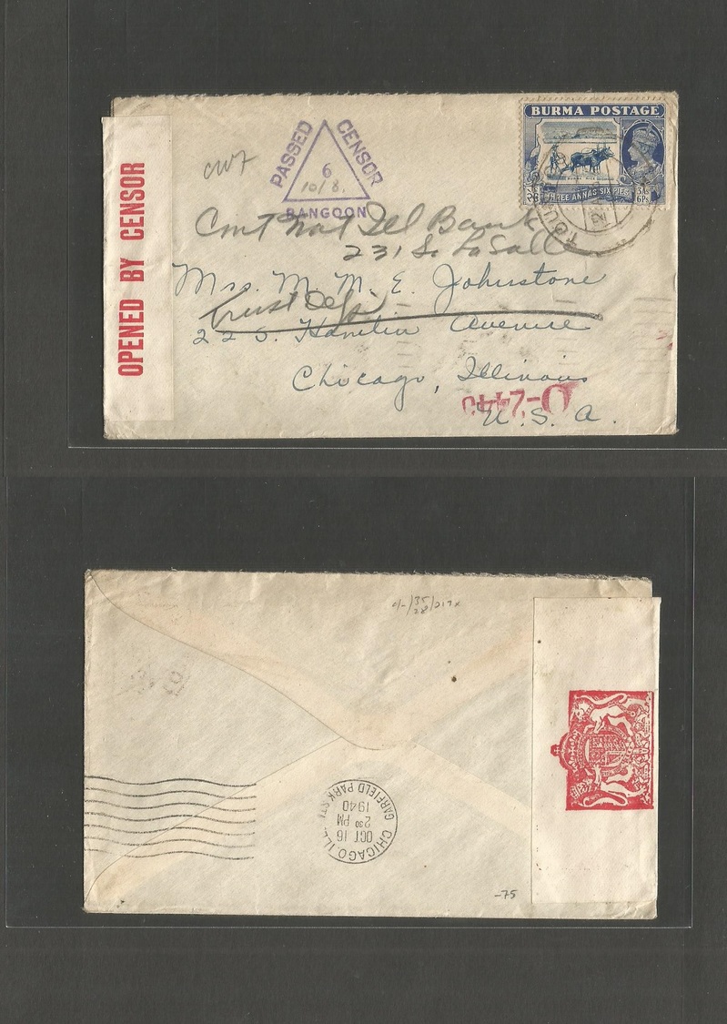 Burma. 1940 (2 Aug) Tonnguo - USA, Chicago, Ill (Oct 16) Fkd Env, Violet Censor Cachet + Label. Fine Used And Scarce. - Birmanie (...-1947)