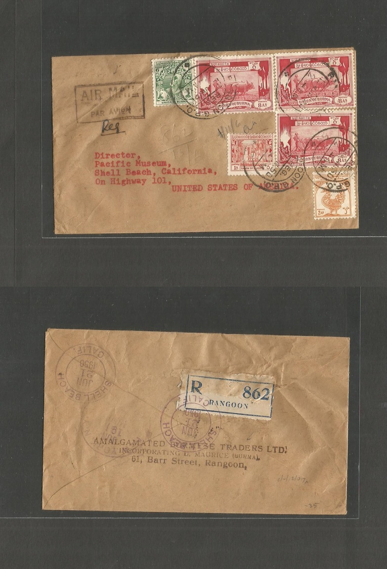 Burma. 1950 (15 June) Rangoon - USA, CAL, Shell Beach (June 21) Registered Air Multifkd Env. Lovely Usage. - Birmanie (...-1947)