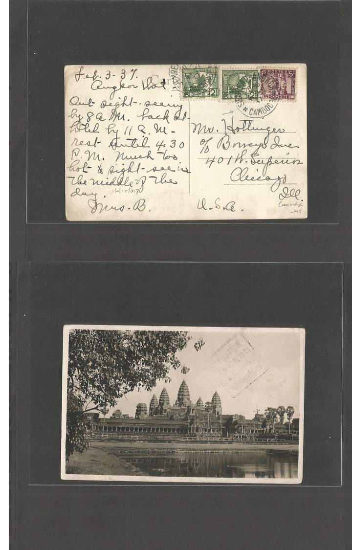 Cambodia. 1937 (3 Feb) Siemmrap - Angkor - USA, Chicago, Ill. Multifkd Ppc + Slogan Box Cachet Reverse. Fine. - Cambodge