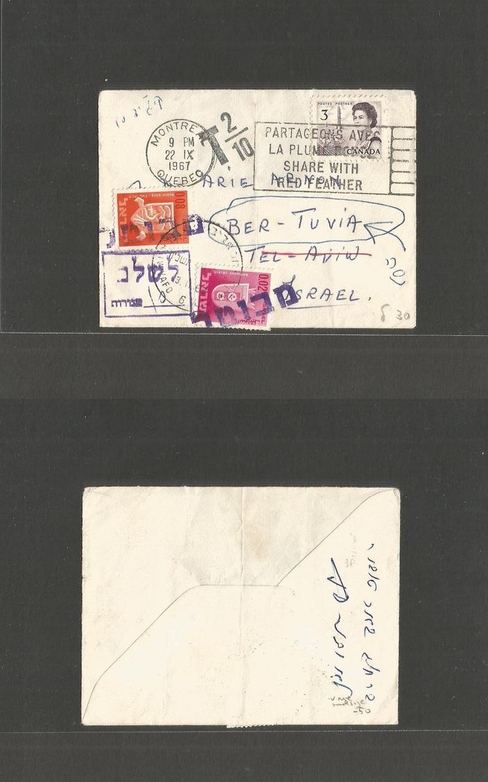 Canada. 1967 (22 Sept) Montreal - Israel, Tel Aviv. Fkd Small Envelope + Taxed (x2) Israel P. Dues Tied Stline Violet +  - Autres & Non Classés