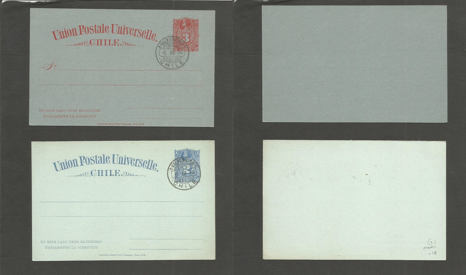 Chile - Stationery. 1894. Valparaiso 2 Mint Pre-cancelled Different Stat Cards. Samples / Specimen Type. - Chile