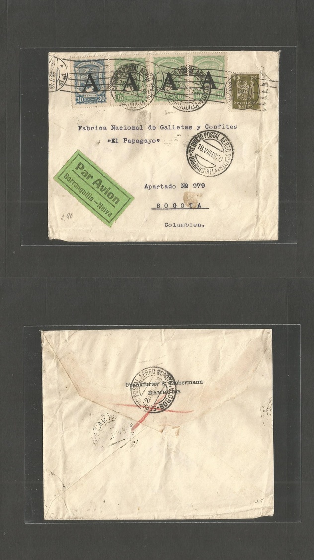 Colombia. 1926 (August) Scadta. Germany - Bogota. Mixed Franking "A" Ovpts + Green Label. Airmail Envelope. VF. - Colombie