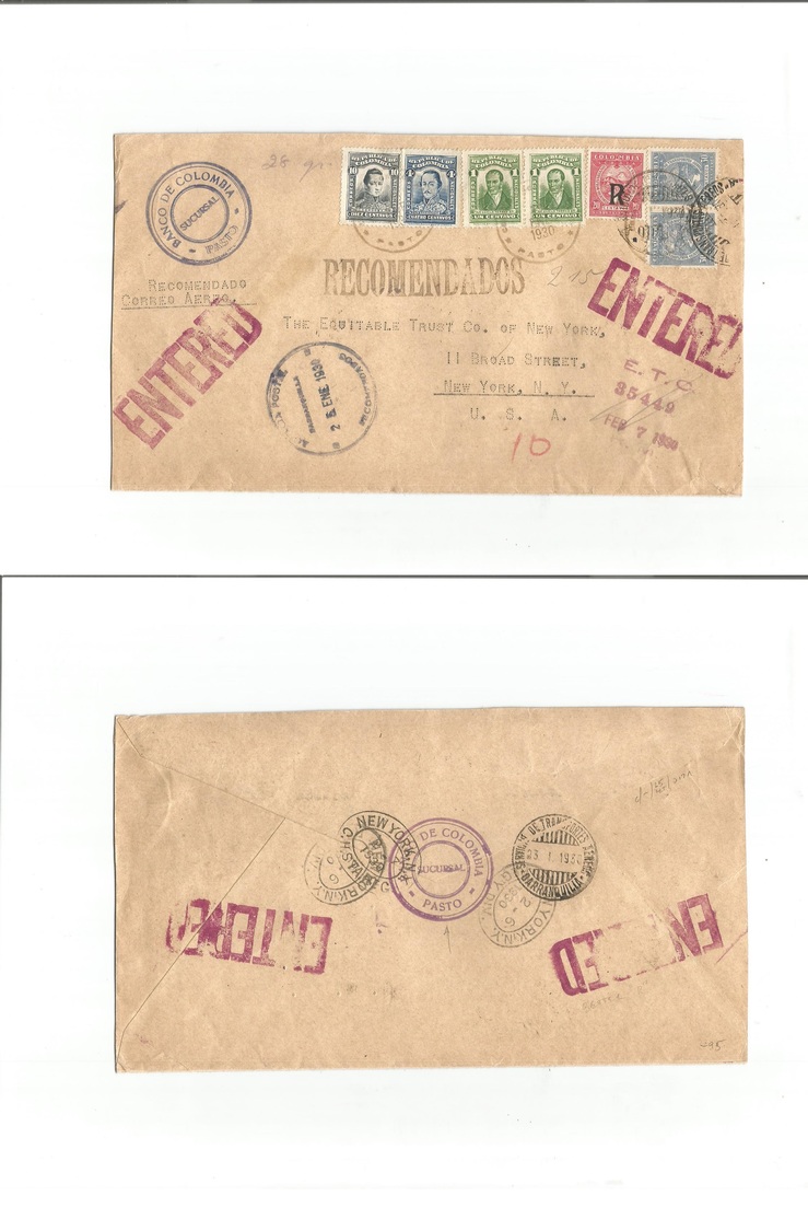 Colombia. 1930 (January) Pasto - USA, NYC (6 Febr) Registered Air Multifkd Envelope Including Air Ovptd Stamps. Via Barr - Colombie