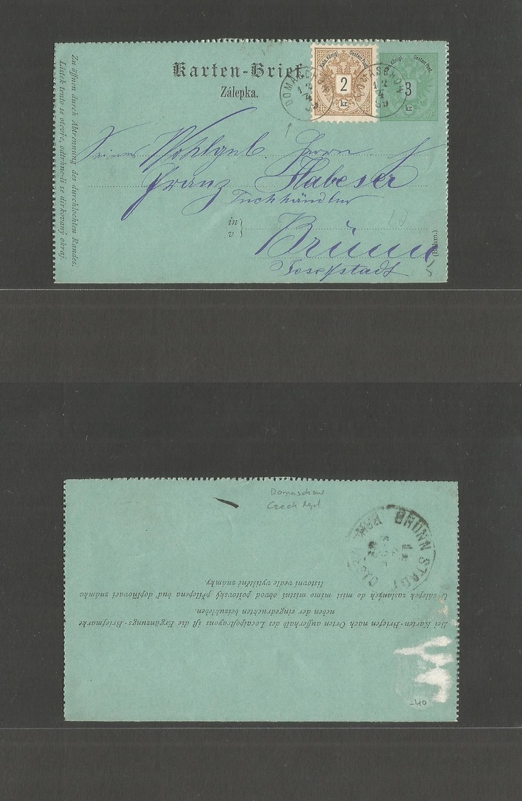 Czechoslovakia. 1889 (12 April) Domaschow - Brünn Austria Postal Adm Local 3kr Stat Lettersheet + Adtl, Small Cds. VF Us - Autres & Non Classés