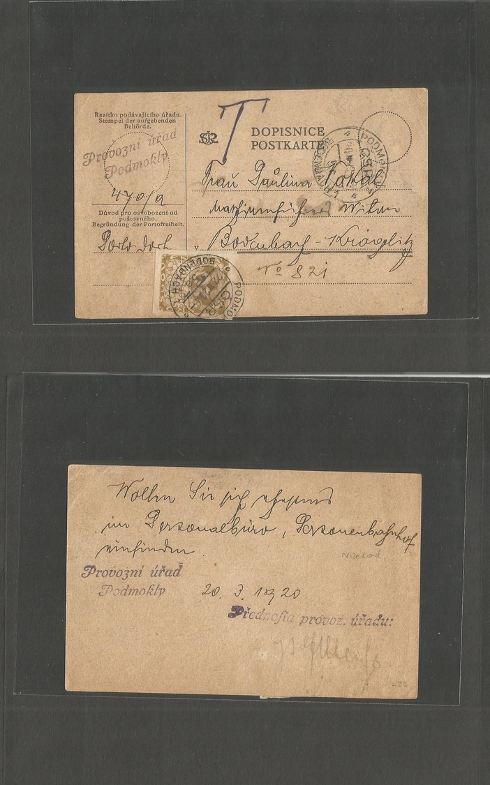 Czechoslovakia. 1920 (20 March) Podmokly (Bodenbach) Local Card Taxed + 20s Stamp Tied As Postage Due. Fine. - Autres & Non Classés