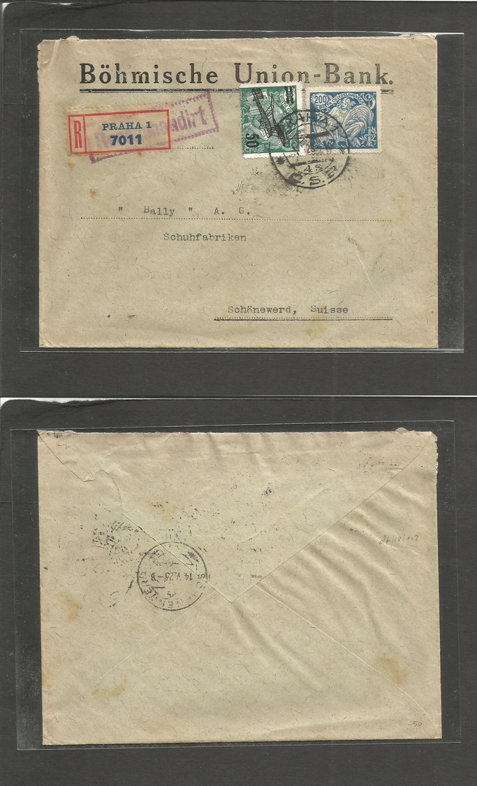 Czechoslovakia. 1923 (May) Prague - Switzerland, Schanewerd (14 May) Registered Airmail Mutifkd + Special Air Stamp Enve - Andere & Zonder Classificatie