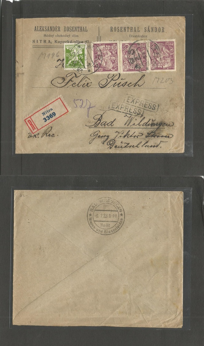 Czechoslovakia. 1923 (4 July) Nitra - Bad Wildengen, Germany (6 July) Registered Express Mail Service Multifkd Envelope  - Autres & Non Classés