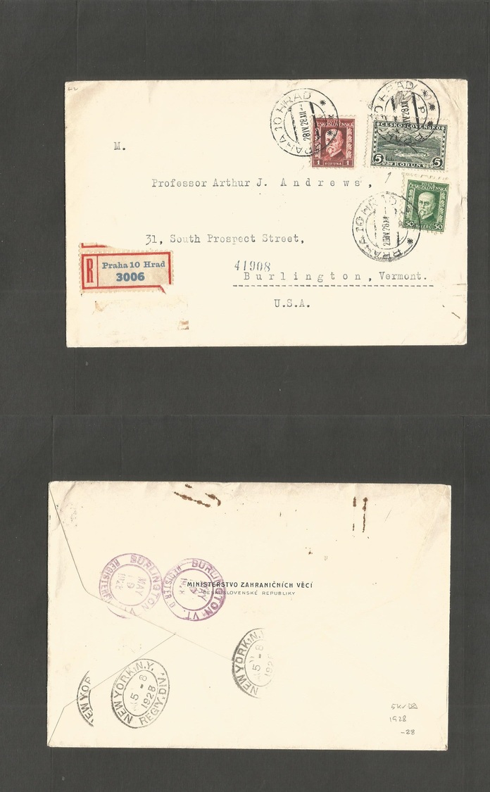 Czechoslovakia. 1928 (28 April) Praha - USA, Burlington (8-9 May) Registered Multifkd Env Including 5 Keona Stamp. Fine. - Autres & Non Classés