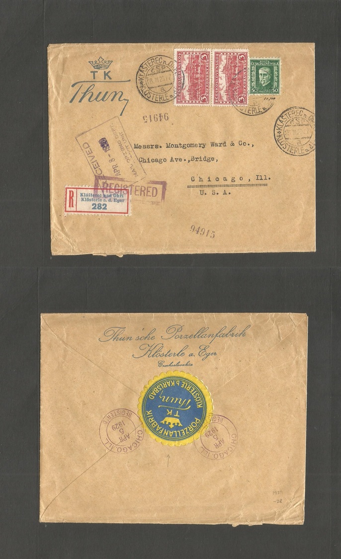 Czechoslovakia. 1929 (23 March) Klosterla Ad Eger - USA, Chicago, Ill (5 April) Registered Multifkd Env Incl 3kr Pair St - Autres & Non Classés