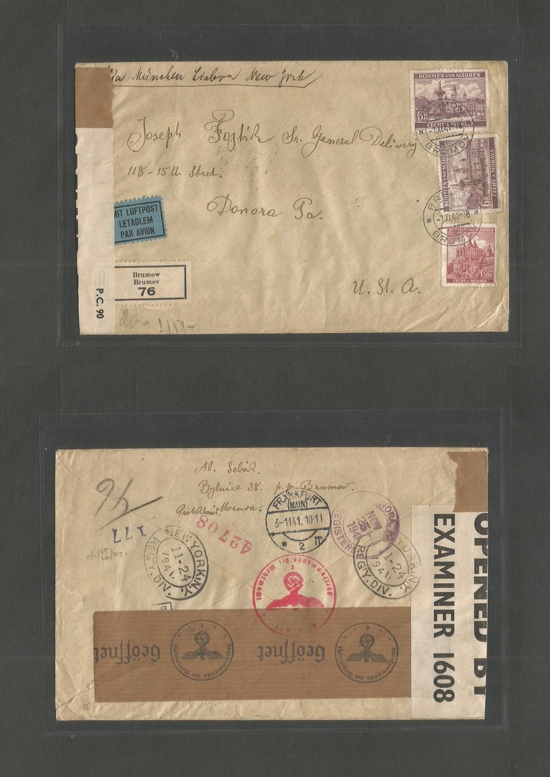 Czechoslovakia. 1941 (1 Nov) Bohemia - Moravia. Brumov - USA, Donova, PA (24-25 Nov) Registered Air Doble Censored Multi - Autres & Non Classés