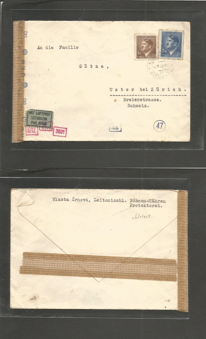 Czechoslovakia. 1943 (4 Sept) Bohemia Protectorate. Lito Mysch - Switzerland, Uster. Air Multifkd Env + Nazi Censored. - Autres & Non Classés