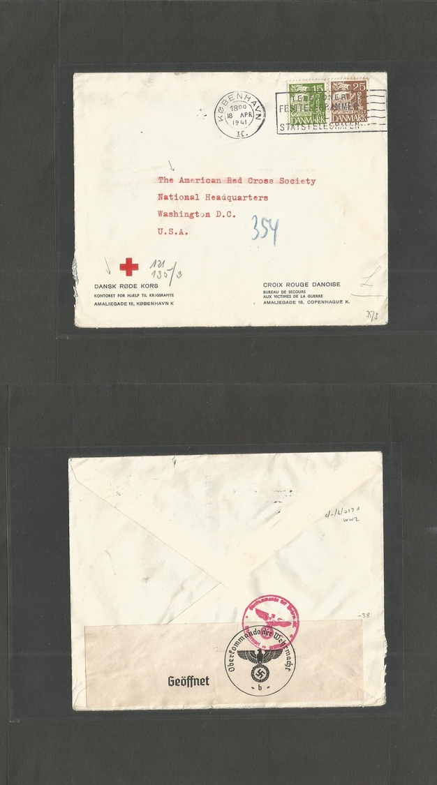 Denmark. 1941 (18 April) Kopenhagen - USA, Washington DDC. Danish Tied Cross To US Red Cross. Air Fkd Env + Nazi Censor. - Sonstige & Ohne Zuordnung