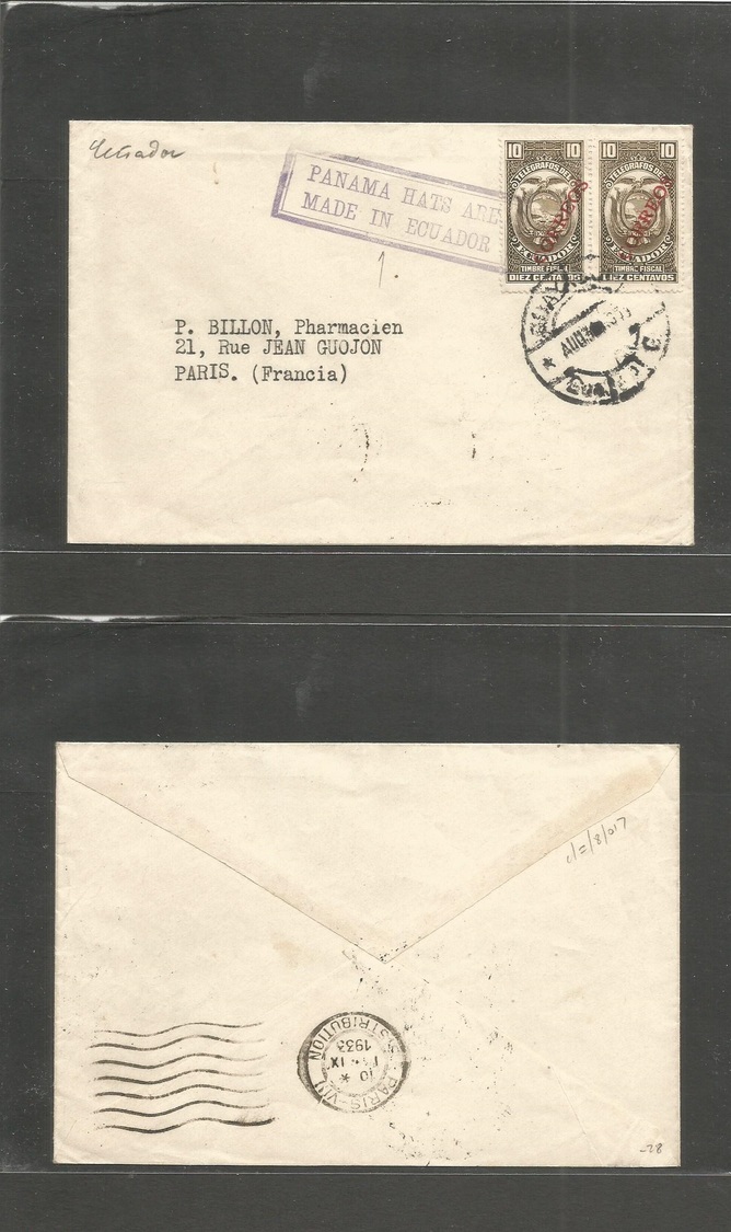 Ecuador. 1933 (Aug 3) Guayaquil - France, Paris (1 Sept) Fiscal Provisional Ovptd Correos Cds 10c Pair + Slogan Cachet " - Equateur