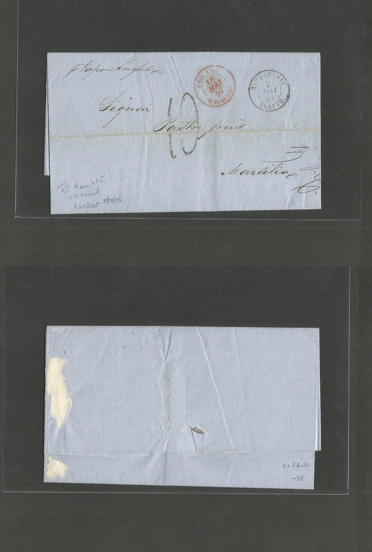 Egypt. 1857 (9 May) Alexandria - France, Marseille (16 May) EL Full Text, Depart Cds + "Pag Angel / Marseille" Red Cds.  - Autres & Non Classés