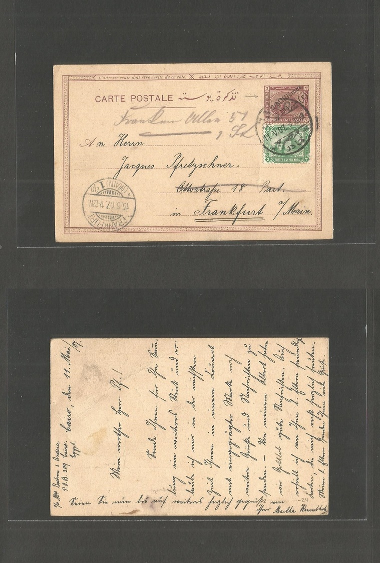 Egypt. 1907 (11 May) Cario - Germany, Frankfurt. 3 Ms Violet Stat Card / 2ms Overprinted Pyramid + Adtl. Fine And Scarce - Autres & Non Classés