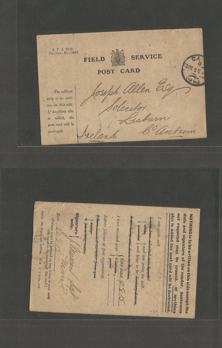 Egypt. 1915 (23 Aug) WWI FPO Card Cairo - Ireland, Lisburn. Fine + Destination. - Autres & Non Classés