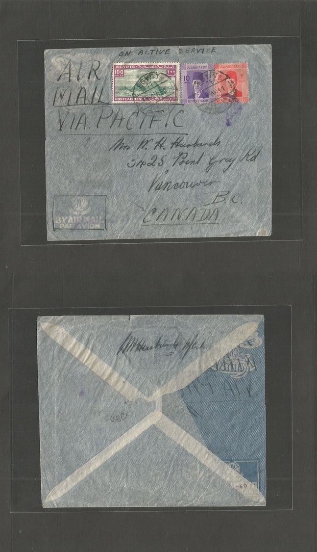 Egypt. 1941 (14 Aug) Port Said - CANADA, Vancouver. OAS + Air Postage On Transpacific Clipper Mail Usage. Multifkd Env.  - Autres & Non Classés