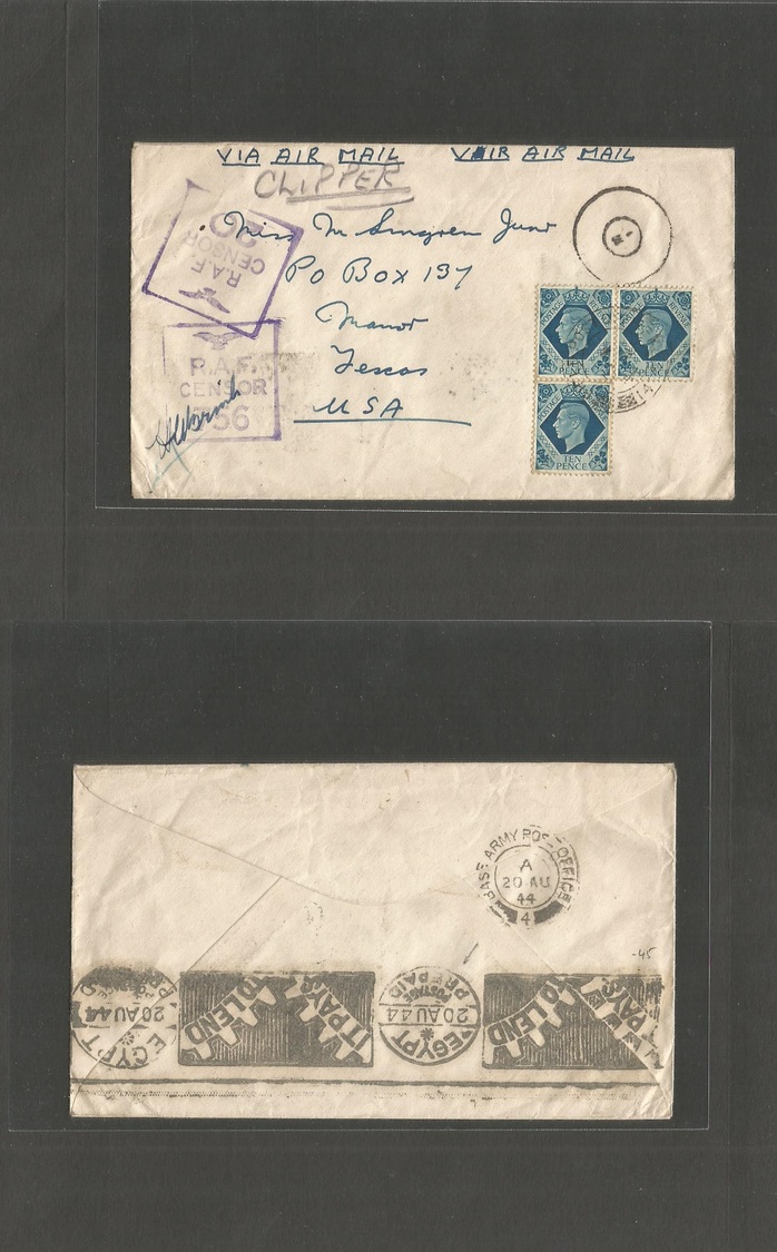 Egypt. 1944 (20 Aug) Base Army PO - Multifkd GB 10d (30d Rate) Env To USA, Texas, Manor. Via Airmail Atlantic Clipper. R - Andere & Zonder Classificatie