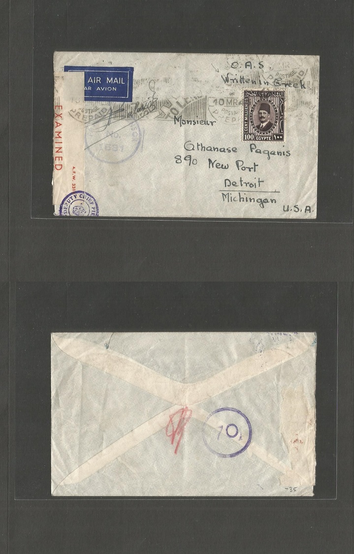 Egypt. 1945 (10 March) OAS. Greek Forces In Egypt. Fkd Env Censored Envelope Addressed To USA, Mich, Detroit. Airmail. F - Autres & Non Classés