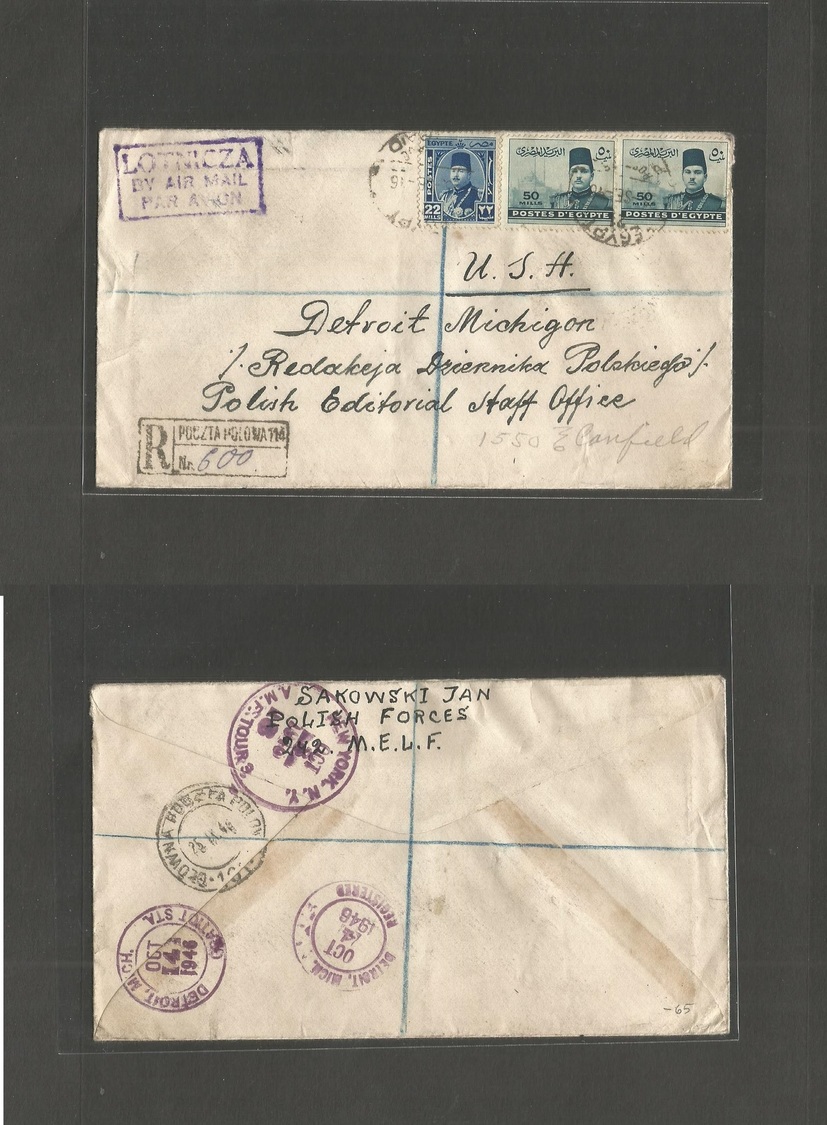 Egypt. 1948 (25 Sept) Polish Forces In Middle East. Registered Multifkd Airmail Envelope To USA, Detroit, Mich. - Autres & Non Classés