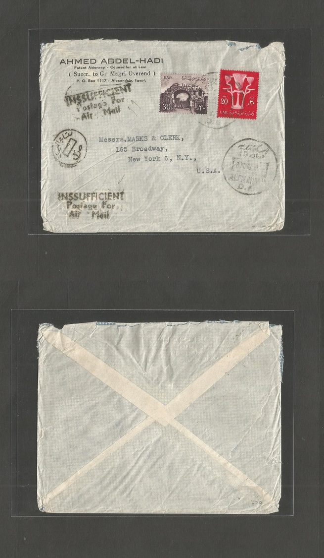 Egypt. 1960 (8 Nov) Alexandria - USA, NYC. Air Fkd Env + Special Cachet "Inssuficient / Postage For / Airmail" (xxx/R) T - Sonstige & Ohne Zuordnung