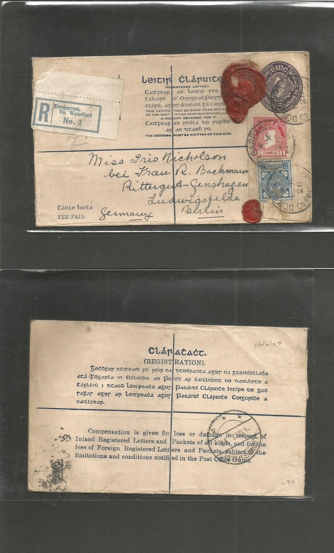 Eire. 1928 (Oct 1) Dungarvan - Germany, Berlin. Registered 5p Lilac Stat Env + 2 Adtls + R-label + 2 Red Wax Seals. Fine - Oblitérés