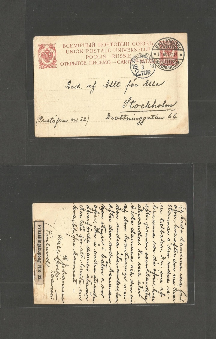 Finland. 1913 (12 Aug) Russian Postal Administration. Kalliokoski - Sweden, Stockholm (14 Aug) 4k Red Stat Card, Bilingu - Autres & Non Classés