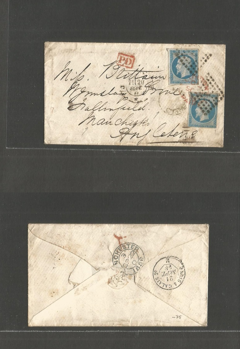 France. 1858 (20 Sept) Fkd Env To UK, Manchester (Sept 22) Bearing 20c Empire (x2) + More To Pay - Sonstige & Ohne Zuordnung