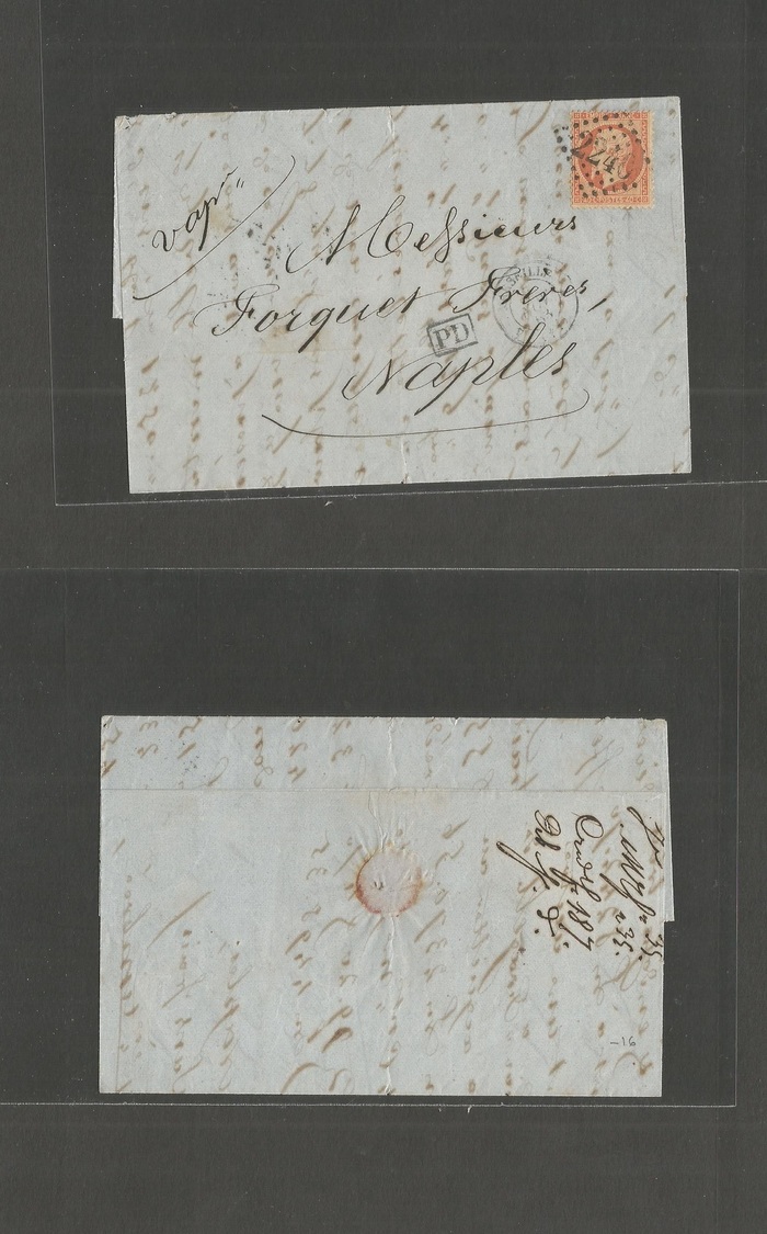 France. 1863 (7 Nov) Marseille - Napoles, Italy. EL Fkd 40c (variety), Tied "2240" Dots. Fine. - Sonstige & Ohne Zuordnung