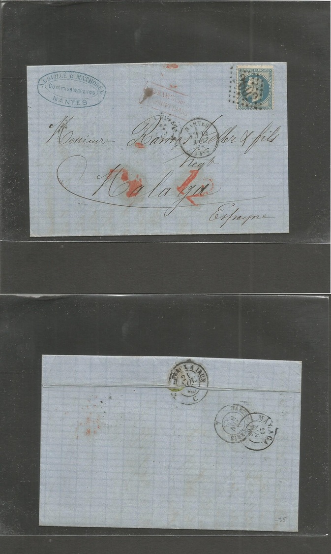 France. 1868 (20 Nov) Nantes - Spain, Malaga (23 Nov) EL Fkd 20c Blue Insuf + Taxed + Arrival Malaga Charge Red "12". Fi - Autres & Non Classés