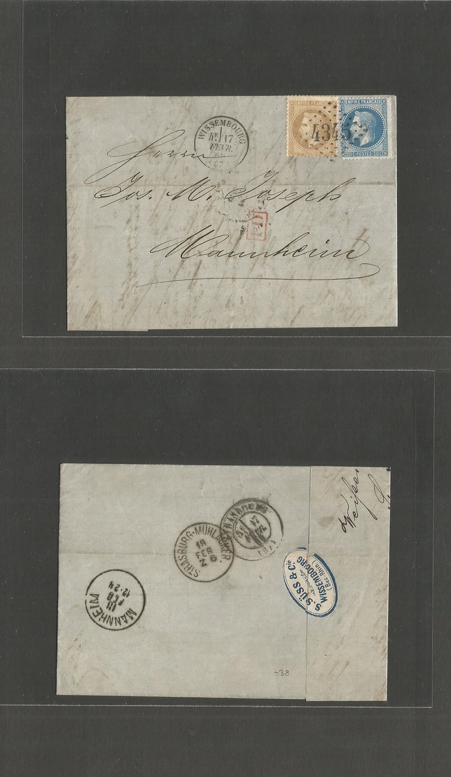 France. 1869 (17 Febr) Wissemberg - Germany, Mannheim (18 Febr) EL Fkd 10c + 20c "4345" Dest. XF. - Autres & Non Classés