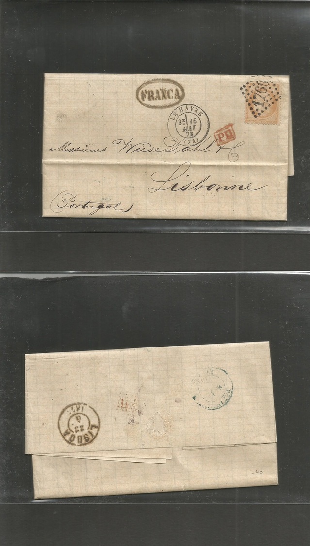 France. 1873 (16 May) Le Havre - Portugal, Lisbonne (23 May) EL Full Contains, Fkd 40c Orange, Tied "1769" Dots + "Franc - Autres & Non Classés