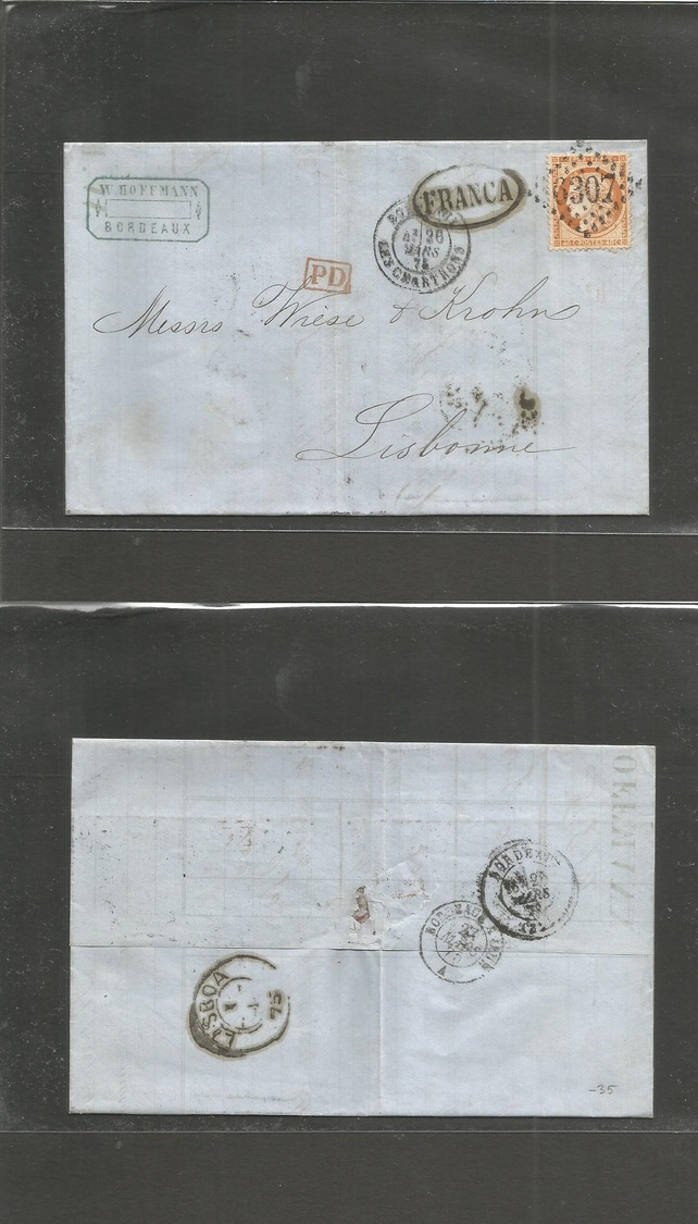 France. 1875 (26 March) Bordeaux - Portugal, Lisbon (1 April) EL Full Text Fkd 40c Tied "6307" Dots, Oval "FRANCA" Fine. - Autres & Non Classés