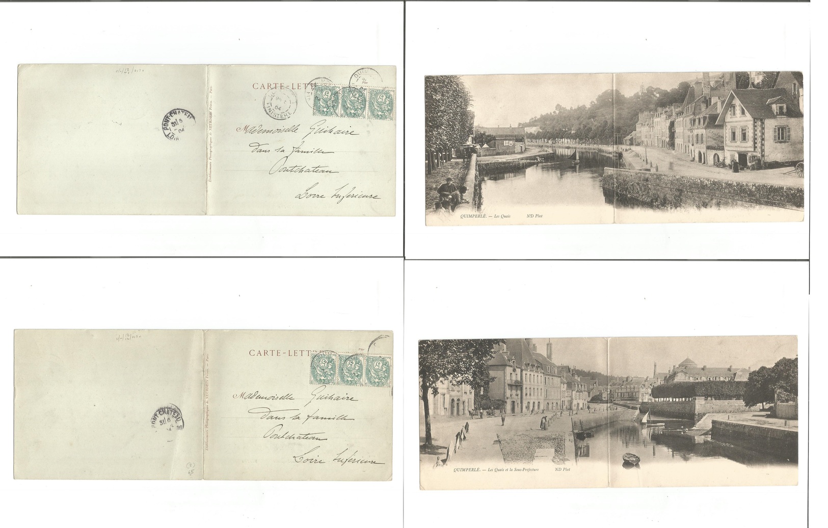 France. 1904. Quimpelle. 2 Early Doble Photo Village View Cards Addressed To Loire. Fkd Nice Scarce Pair. - Autres & Non Classés