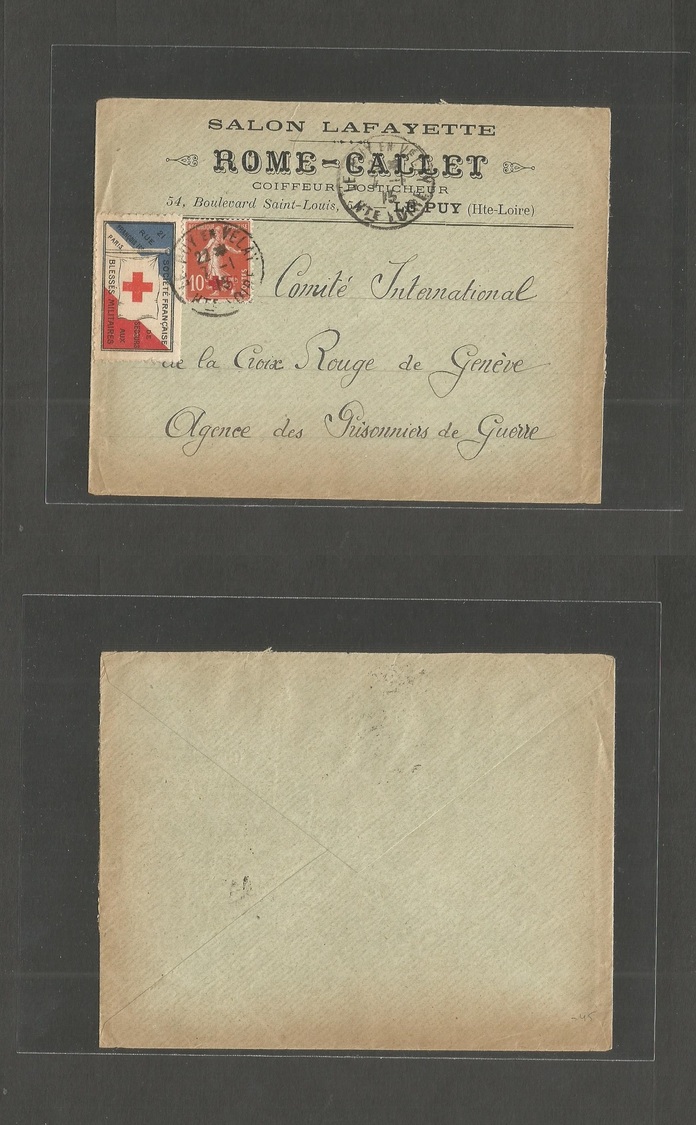 France - Xx. 1915 (7 Jan) Le Puy. Semipostal. B1, Red Cross Seal, LE PUY EN VELAY To Red Cross, Geneva. Red Cross Stamp  - Autres & Non Classés
