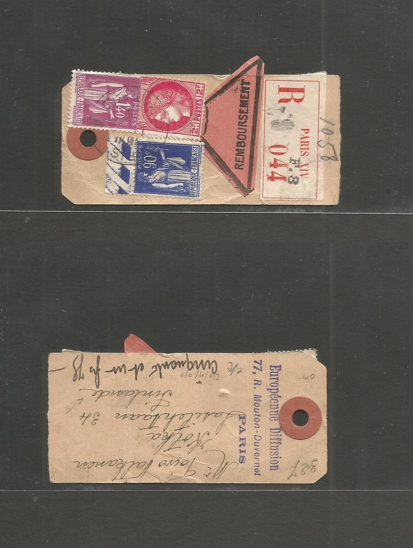 France - Xx. C. 1933. Paris - Finlande, Kotka. Sack Tab. Registered Reimboursement Multifkd. Peace + Comerce + Fine Scar - Autres & Non Classés