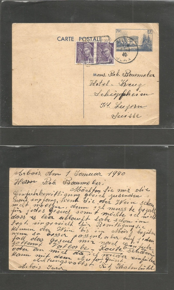France-Stationery. 1940 (1 Jan) Arbois - Switzerland, Luzern 70c Blue Stat Card + 2 Adtls. Scarce Usage. - Autres & Non Classés