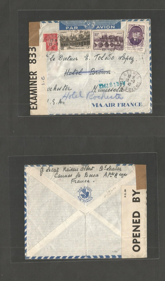 France - XX. 1942 (12 March) Cannes - USA, Minnesota, Rochester. Air France Multifkd Incl. Petain Label, Tied Cds + Brit - Autres & Non Classés