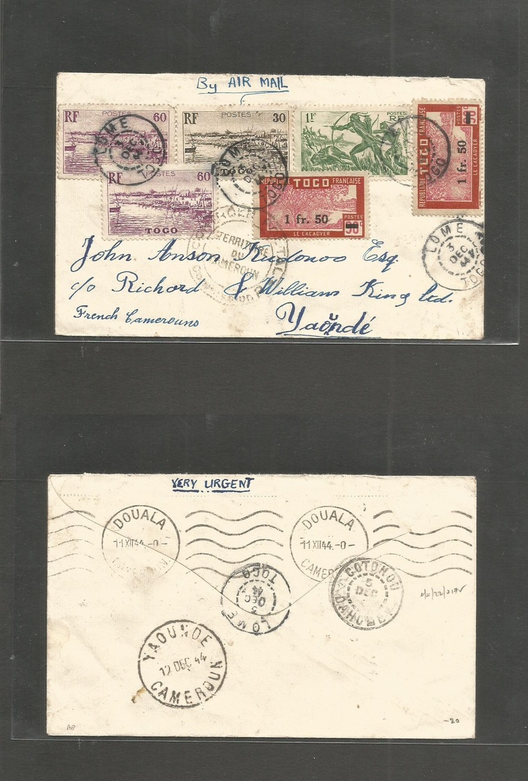 Frc - Togo. 1944 (3 Dec) Lome - Yaonde (12 Dec) Air Multifkd  + Transited Item + Ovptd Values. Fine + Rare WWII Postal L - Autres & Non Classés