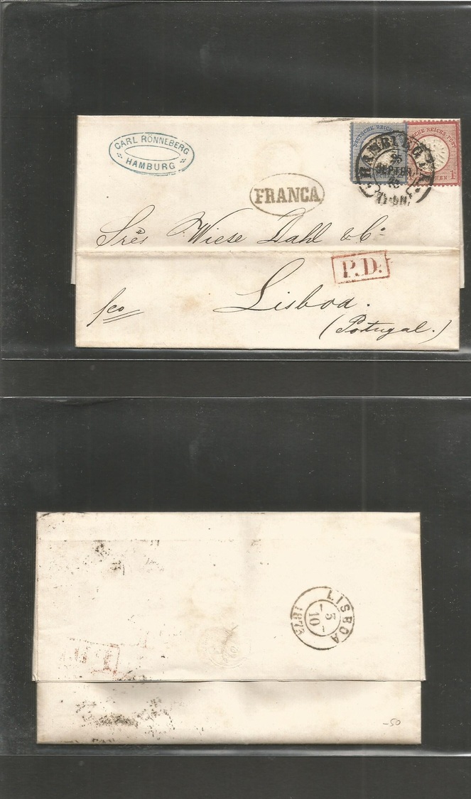 Germany. 1873 (25 Sept) Hamburg - Portugal, Lisbon (3 Oct) EL Full Text Fkd 1gr + 2gr Seahorse Shoe Cds + Oval "FRANCA"  - Autres & Non Classés