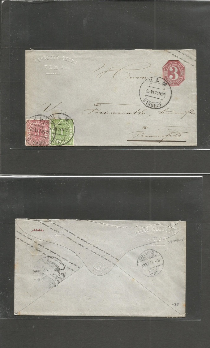 German States-Wurttemberg. 1874 (23 June) Ulm Bahnhof - Franenfeld, Switzerland 3 Kr Red Stat Env + 2 Adtl At 7 Kr Rate. - Autres & Non Classés