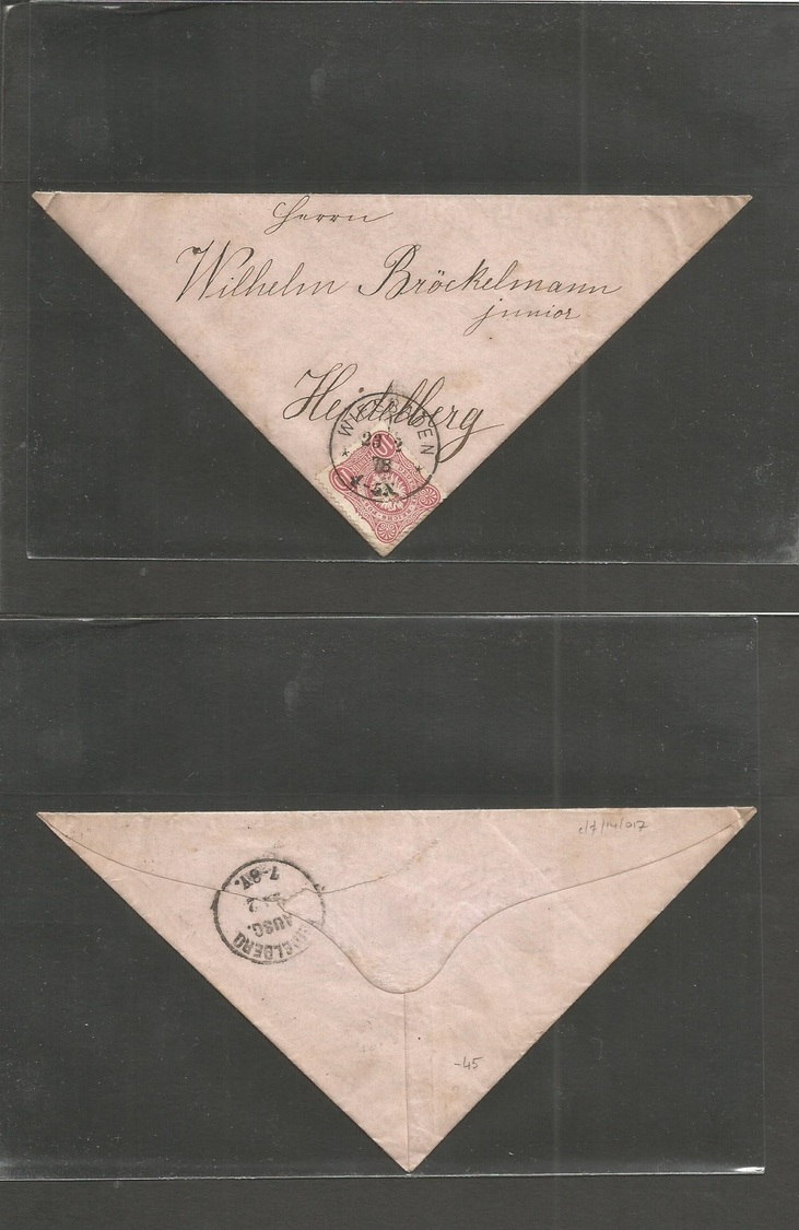 Germany. 1878 (23 Febr) Wiesbaden - Heidelberg. Triangular Envelope Fkd Single 10 Pf Red, Cds. Most Aesthetic Item. - Andere & Zonder Classificatie