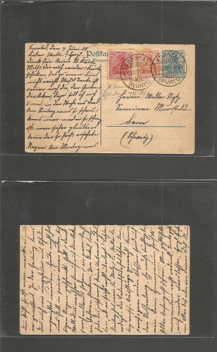 Germany - Xx. 1921 (9 June) Wurttemberg, Korntal - Switzerland, Bern. 30 Pf Green Stat Germania Card + 2 Adtls, Cds. VF. - Autres & Non Classés