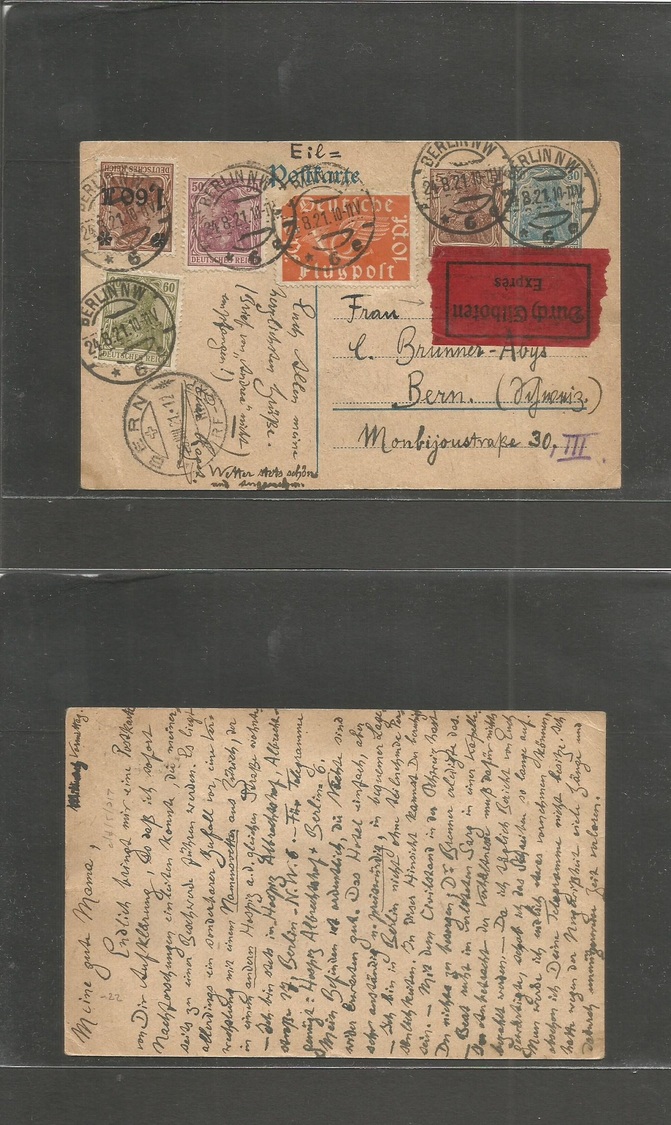 Germany - Xx. 1921 (24 Aug) Berlin - Switzerland, Bern (25 Aug) 30 Pf. Blue Germania Stat Card + 5 Adtls Cds. Express Po - Autres & Non Classés